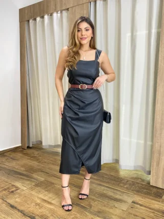 Vestido Midi Feminino Stella com Bojo Couro Eco Preto - Fernanda Ramos Store