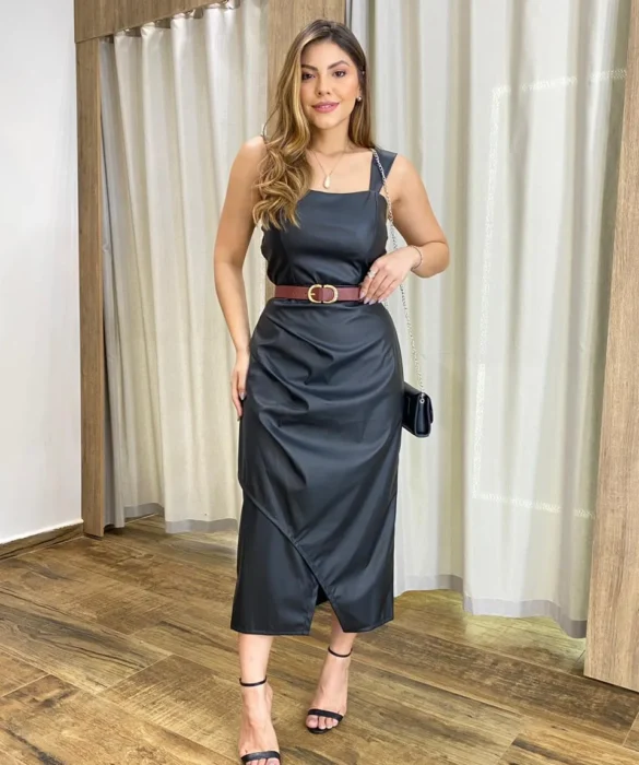 Vestido Midi Feminino Stella com Bojo Couro Eco Preto - Fernanda Ramos Store