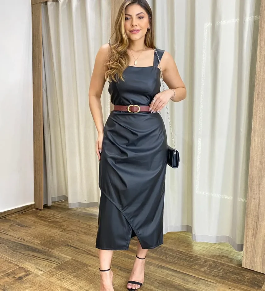 Vestido Midi Feminino Stella com Bojo Couro Eco Preto - Fernanda Ramos Store