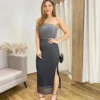 Vestido Midi Pérola de Tule com Bojo e Fenda Degradê Cinza - Fernanda Ramos Store