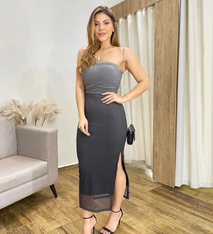 Vestido Midi Pérola de Tule com Bojo e Fenda Degradê Cinza - Fernanda Ramos Store