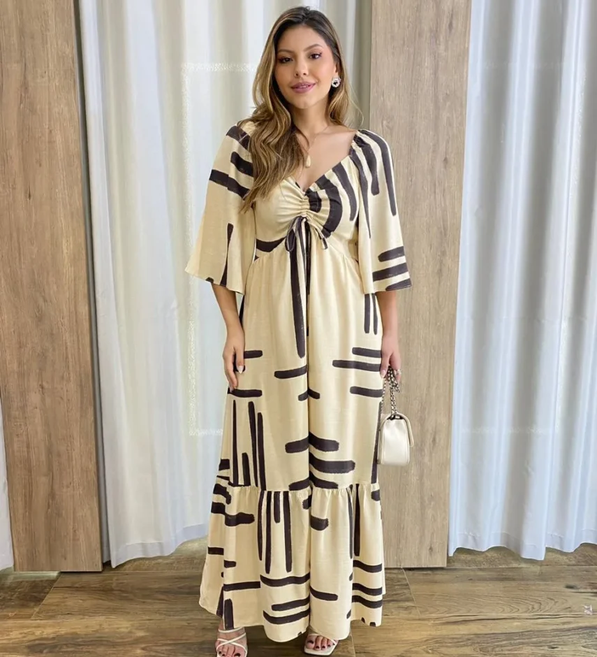Vestido Midi Viscolinho Nude sem Bojo Manga 3/4 Ampla Estampado - Fernanda Ramos Store
