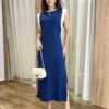 Vestido Muscle Longo sem Bojo de Malha Azul com Detalhe Branco - Fernanda Ramos Store