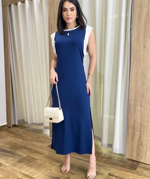 Vestido Muscle Longo sem Bojo de Malha Azul com Detalhe Branco - Fernanda Ramos Store