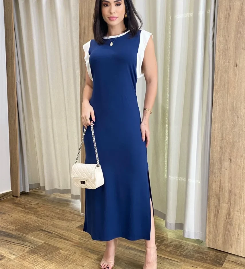 Vestido Muscle Longo sem Bojo de Malha Azul com Detalhe Branco - Fernanda Ramos Store