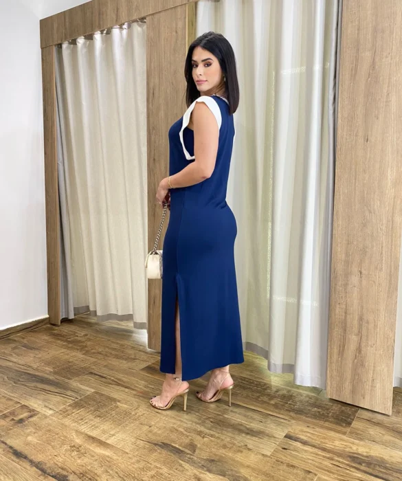 Vestido Muscle Longo sem Bojo de Malha Azul com Detalhe Branco - Fernanda Ramos Store