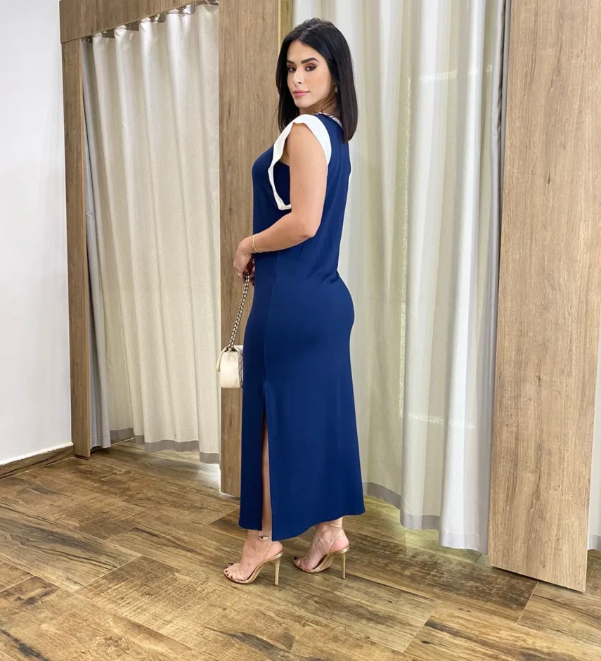 Vestido Muscle Longo sem Bojo de Malha Azul com Detalhe Branco - Fernanda Ramos Store