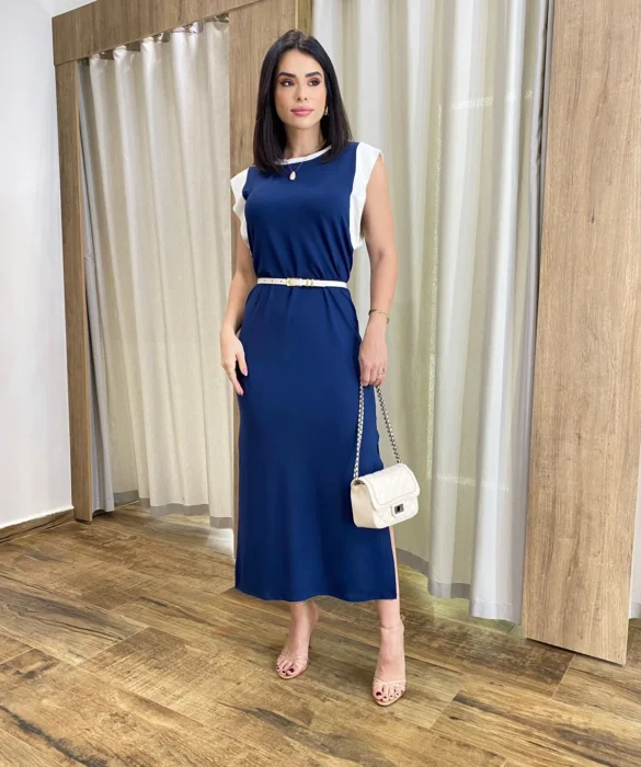 Vestido Muscle Longo sem Bojo de Malha Azul com Detalhe Branco - Fernanda Ramos Store