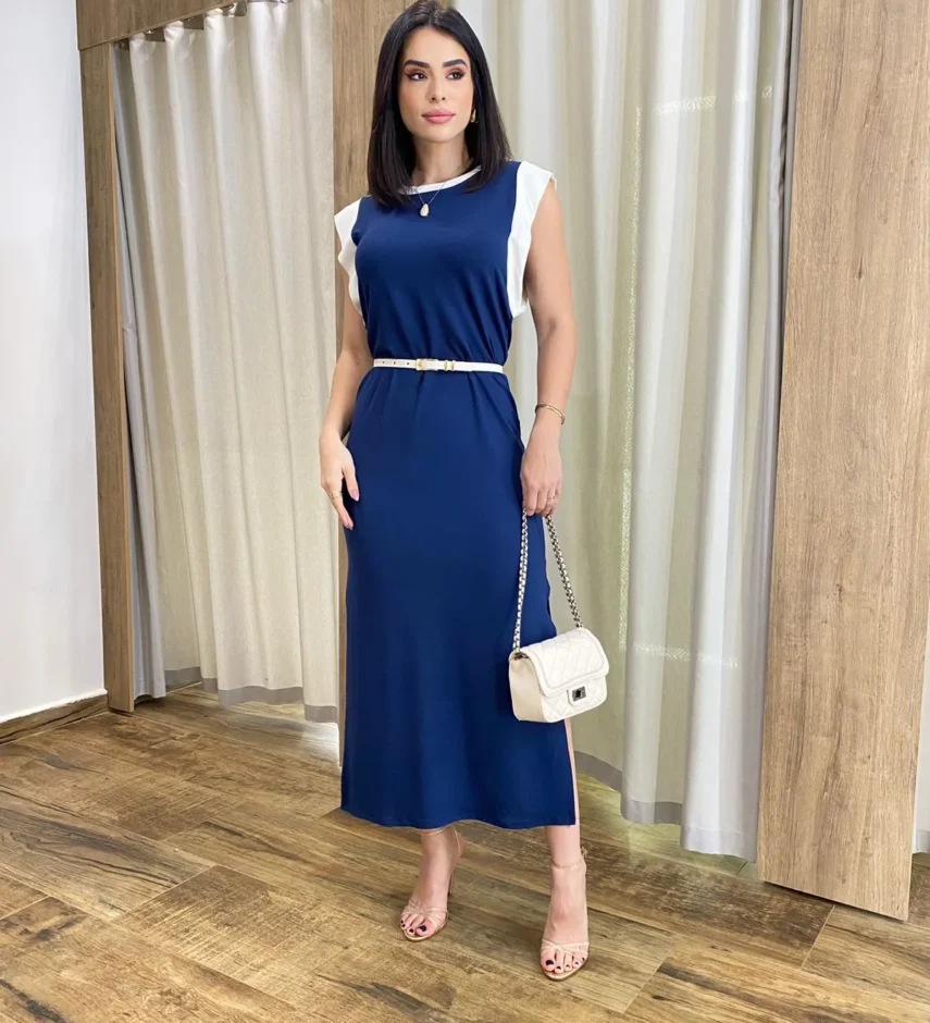 Vestido Muscle Longo sem Bojo de Malha Azul com Detalhe Branco - Fernanda Ramos Store