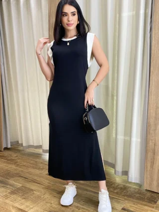 Vestido Muscle Longo sem Bojo de Malha Preto com Detalhe Branco - Fernanda Ramos Store