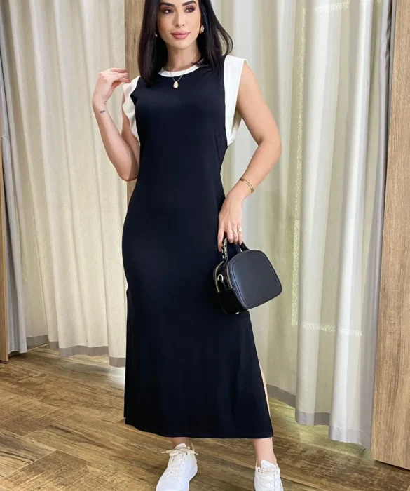 Vestido Muscle Longo sem Bojo de Malha Preto com Detalhe Branco - Fernanda Ramos Store