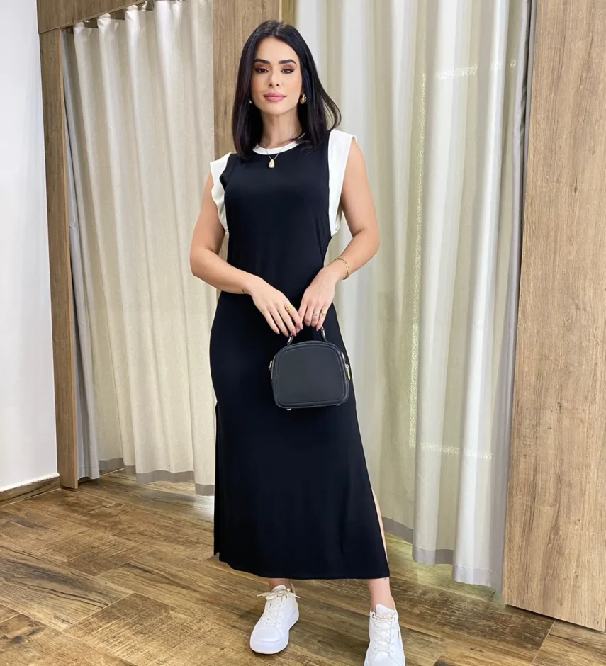 Vestido Muscle Longo sem Bojo de Malha Preto com Detalhe Branco - Fernanda Ramos Store