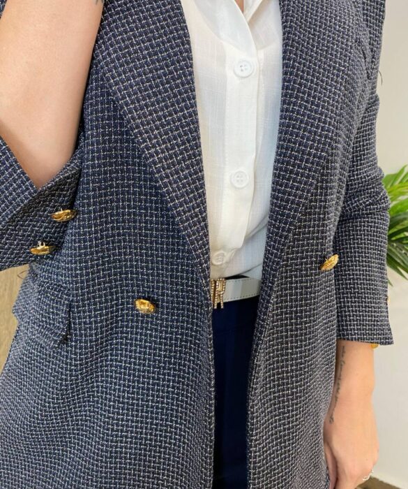 Blazer Feminino Tweed Manga Longa Aurora Azul com Botões Dourados - Fernanda Ramos Store