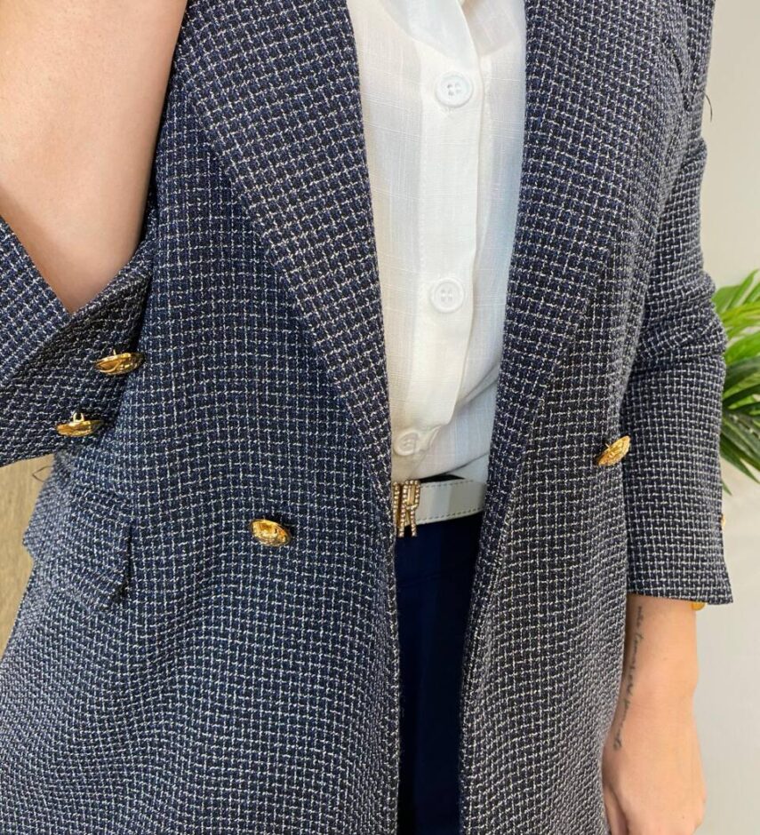 Blazer Feminino Tweed Manga Longa Aurora Azul com Botões Dourados - Fernanda Ramos Store