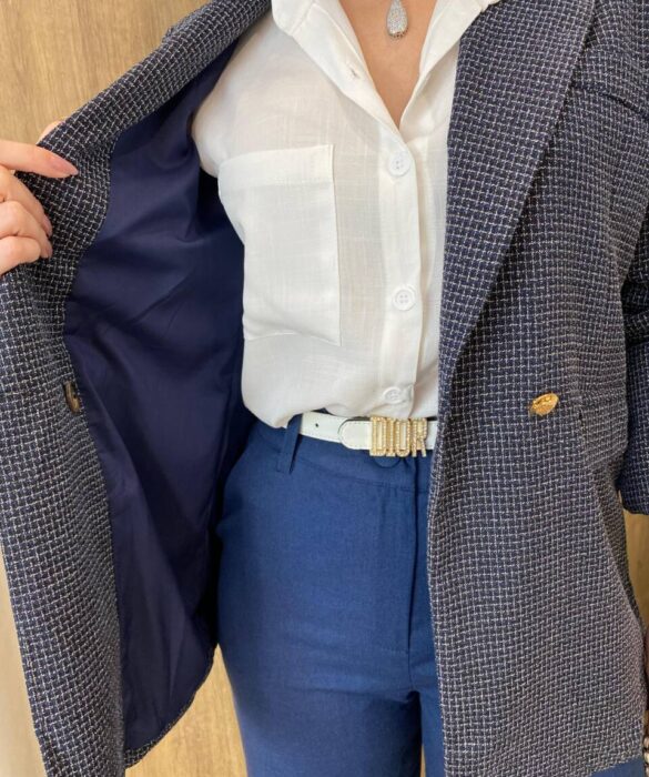 Blazer Feminino Tweed Manga Longa Aurora Azul com Botões Dourados - Fernanda Ramos Store