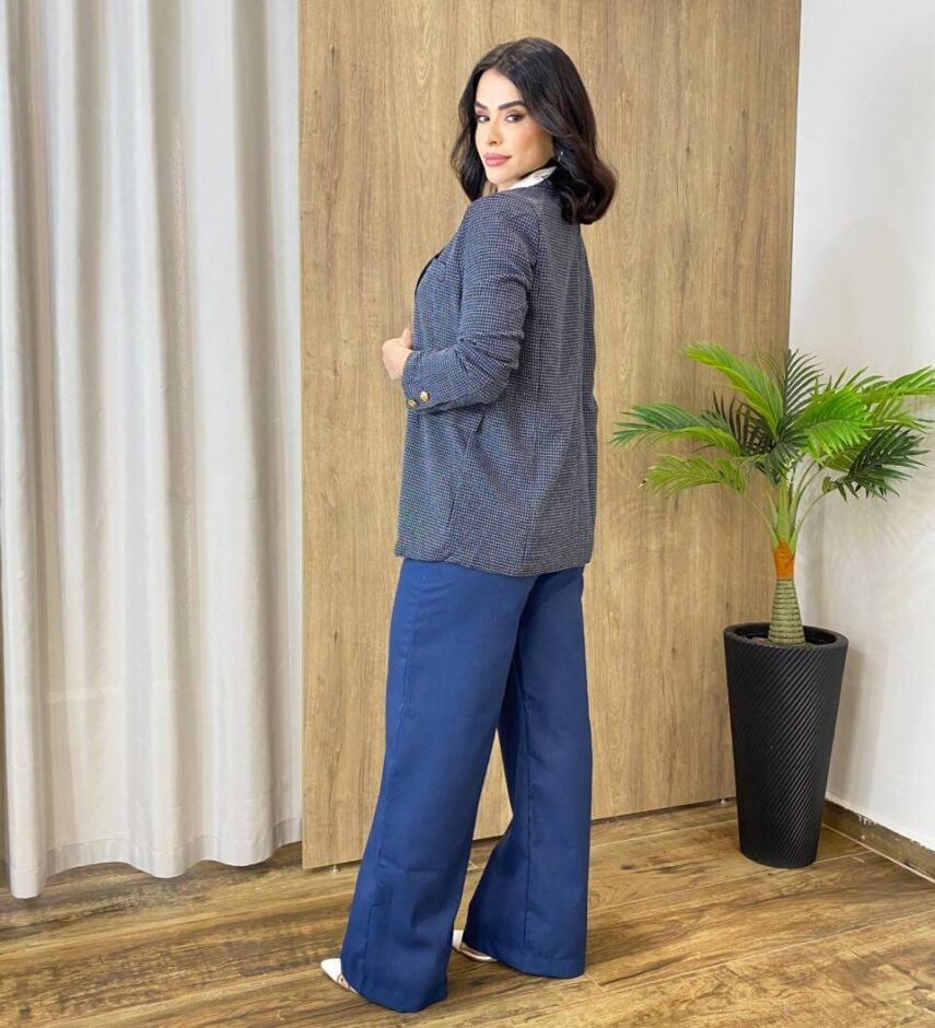 Blazer Feminino Tweed Manga Longa Aurora Azul com Botões Dourados - Fernanda Ramos Store
