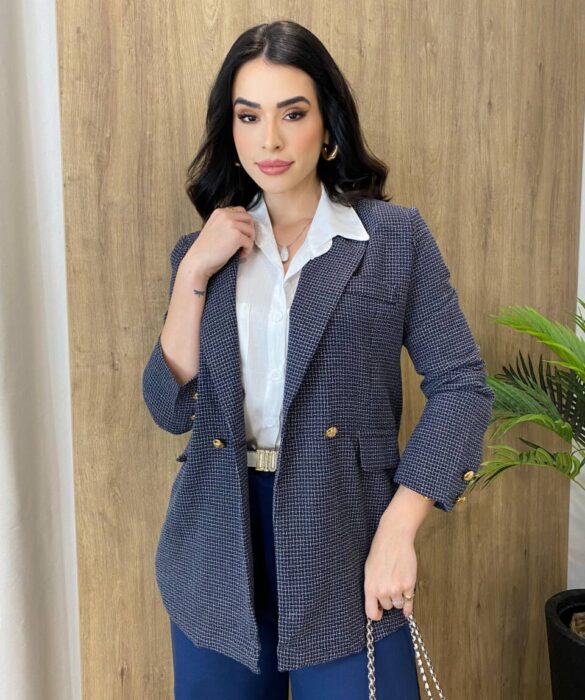 Blazer Feminino Tweed Manga Longa Aurora Azul com Botões Dourados - Fernanda Ramos Store