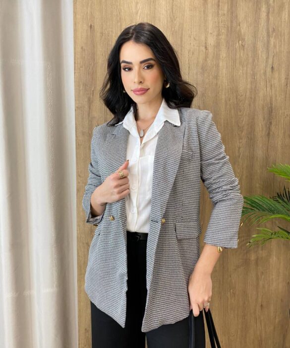 Blazer Feminino Tweed Manga Longa Aurora Preto com Botões Dourados - Fernanda Ramos Store