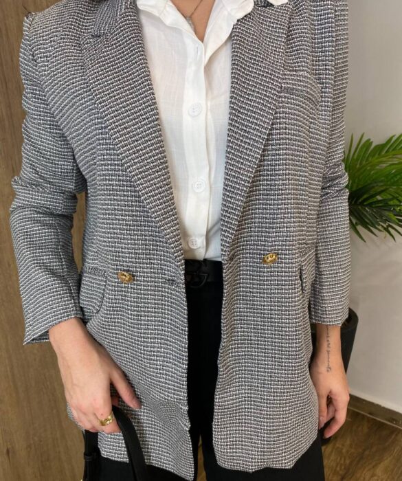 Blazer Feminino Tweed Manga Longa Aurora Preto com Botões Dourados - Fernanda Ramos Store