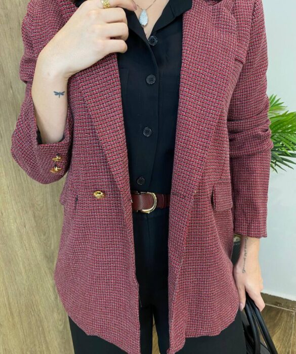 Blazer Feminino Tweed Manga Longa Aurora Vinho com Botões Dourados - Fernanda Ramos Store