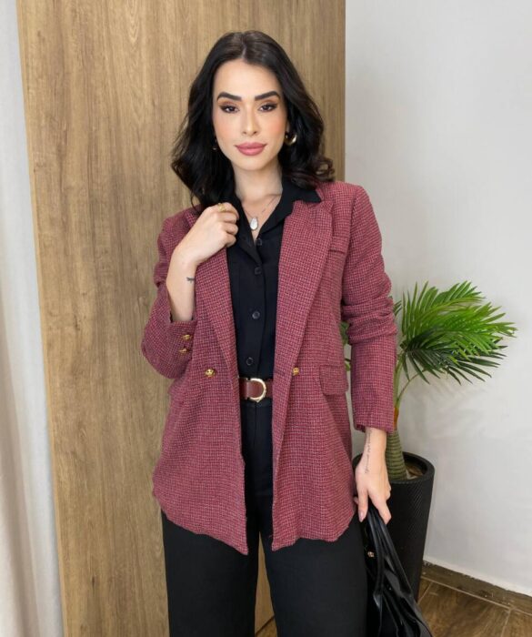 Blazer Feminino Tweed Manga Longa Aurora Vinho com Botões Dourados - Fernanda Ramos Store