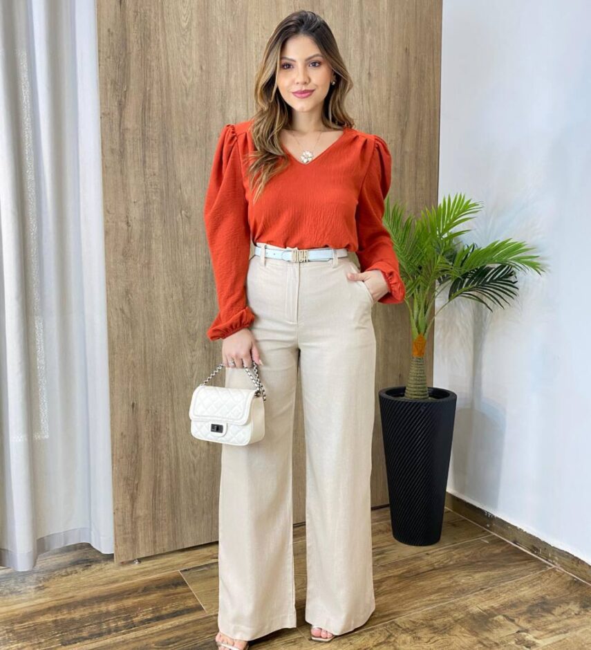 Blusa Feminina de Crepe Manga Longa Heloíse Terracota Escuro - Fernanda Ramos Store