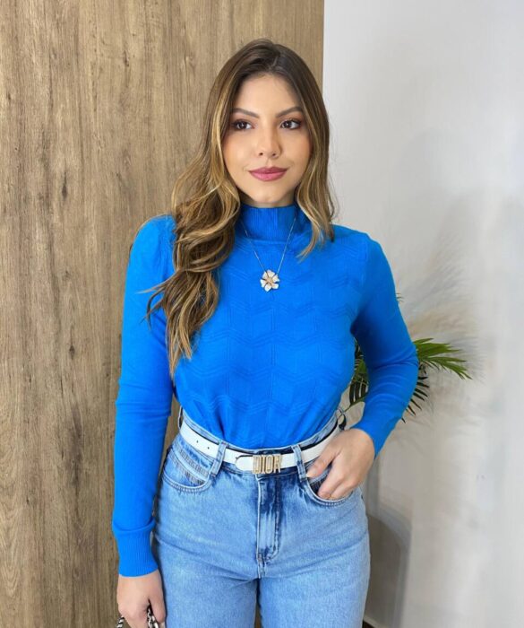 Blusa Feminina Helena Modal Manga Longa Azul 835 - Fernanda Ramos Store