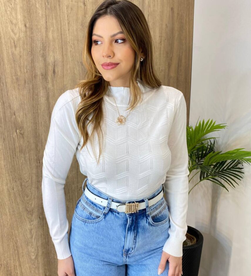 Blusa Feminina Helena Modal Manga Longa Off White 835 - Fernanda Ramos Store