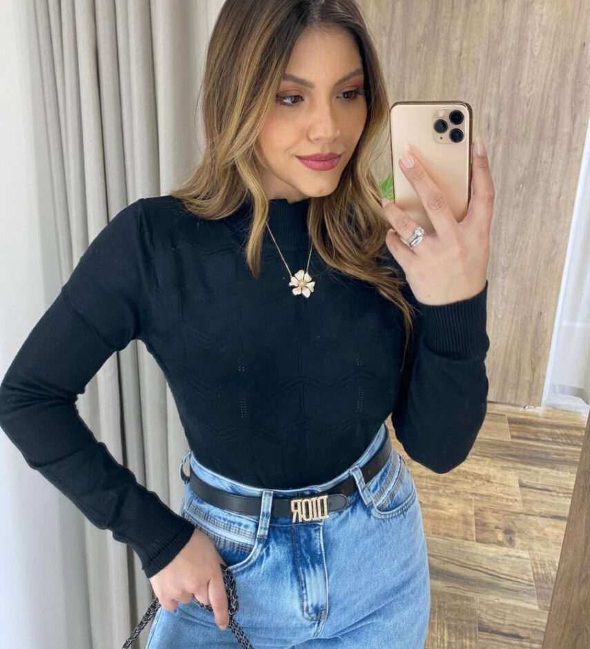 Blusa Feminina Helena Modal Manga Longa Preta 835 - Fernanda Ramos Store