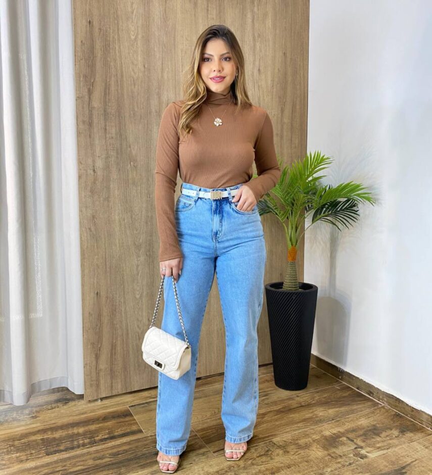 Blusa Feminina Manga Longa Júlia Gola Alta Canelada Marrom - Fernanda Ramos Store