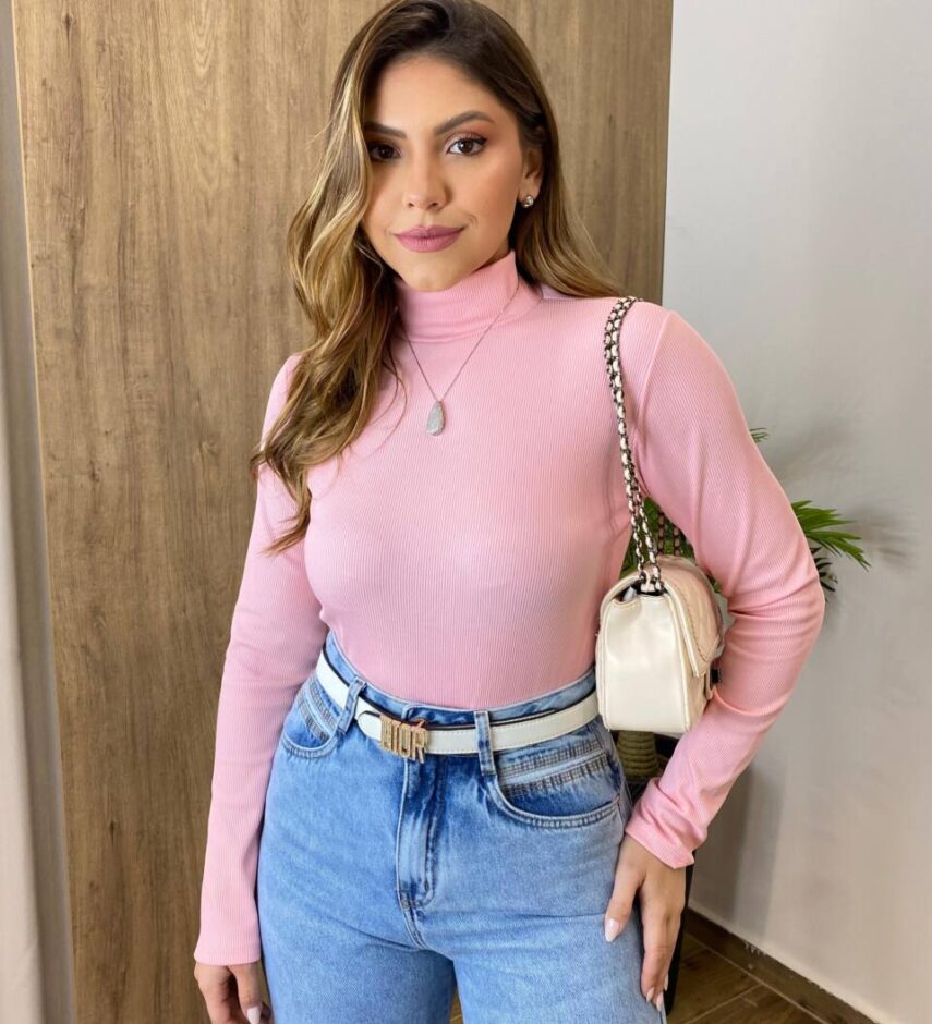 Blusa Feminina Manga Longa Júlia Gola Alta Canelada Rosa - Fernanda Ramos Store
