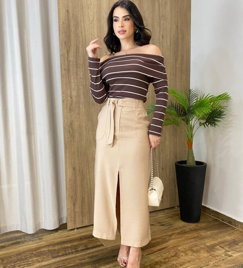 Blusa Feminina Manga Longa Sophia Canelada Marrom Listrada - Fernanda Ramos Store