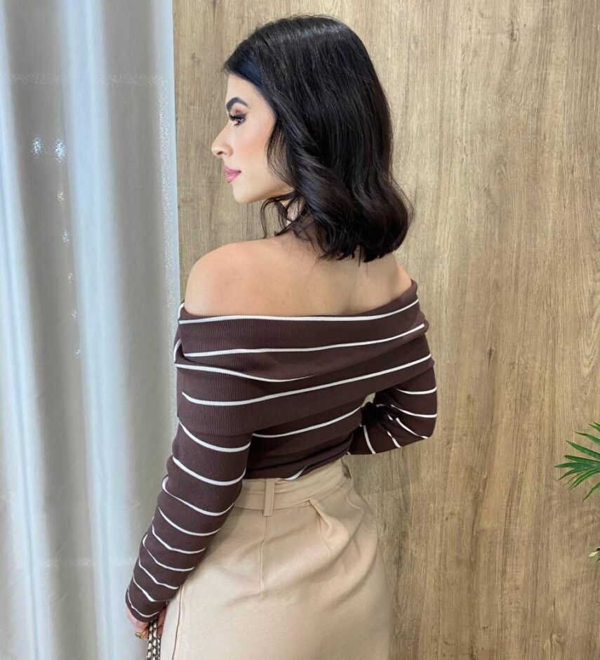 Blusa Feminina Manga Longa Sophia Canelada Marrom Listrada - Fernanda Ramos Store