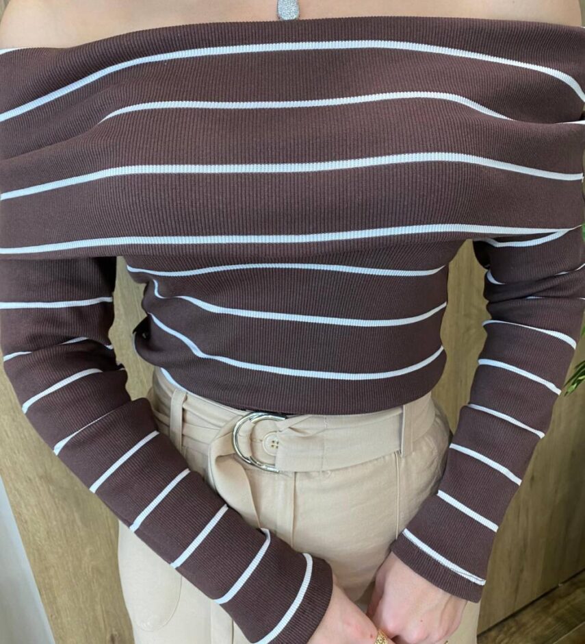 Blusa Feminina Manga Longa Sophia Canelada Marrom Listrada - Fernanda Ramos Store
