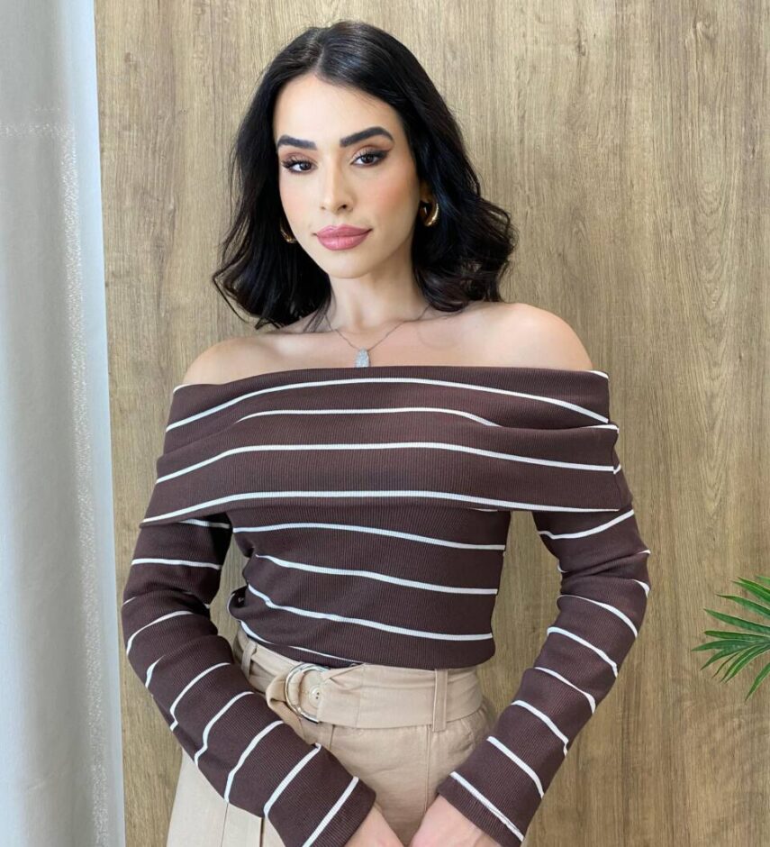 Blusa Feminina Manga Longa Sophia Canelada Marrom Listrada - Fernanda Ramos Store
