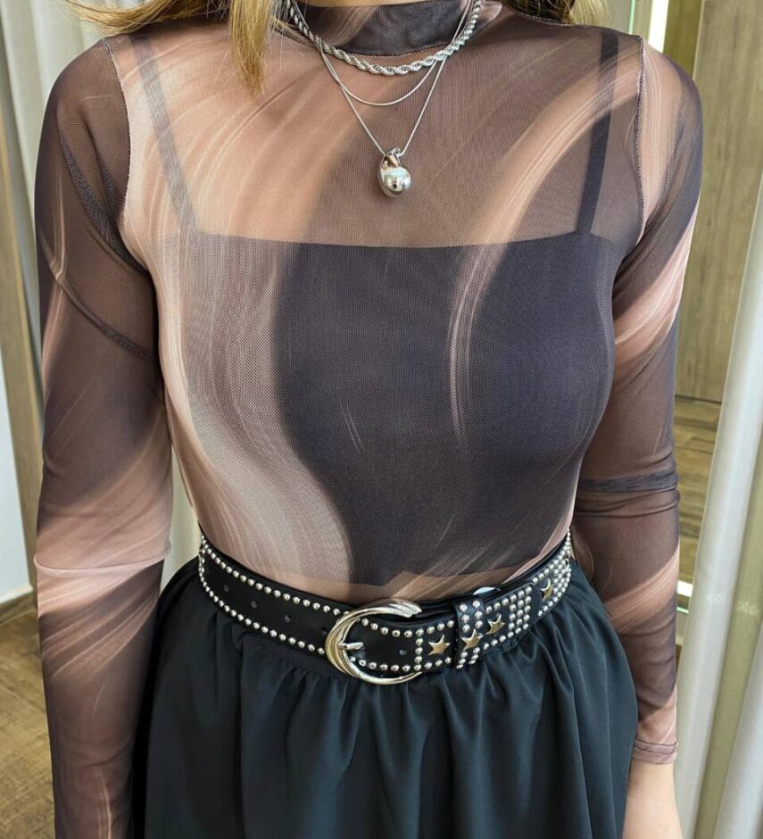 Body Feminino Ana de Tule com Transparência Estampado Marrom - Fernanda Ramos Store