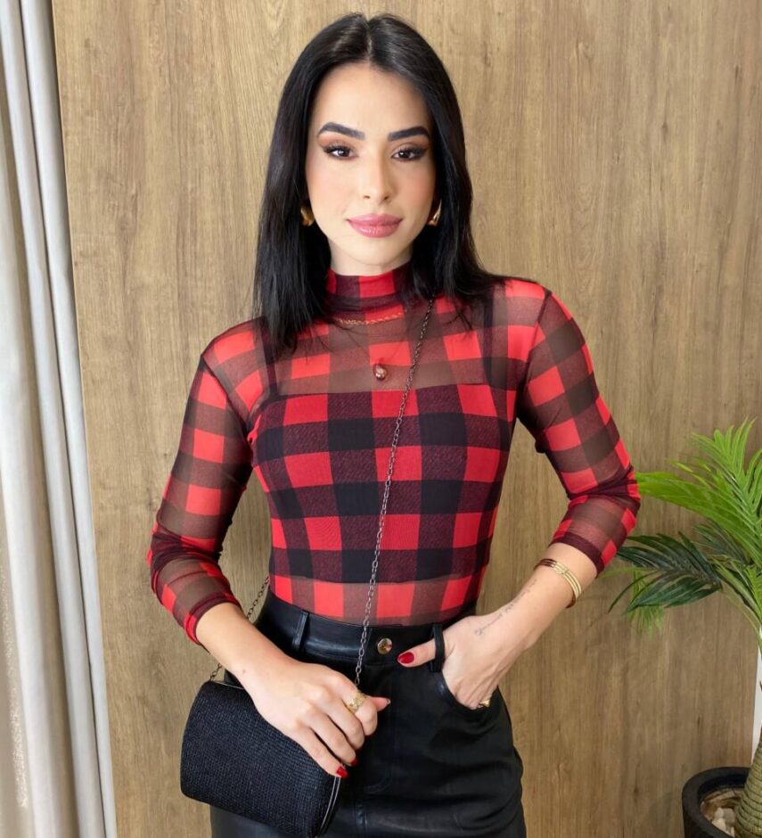 Body Feminino Lívia de Tule com Transparência Xadrez Vermelho - Fernanda Ramos Store