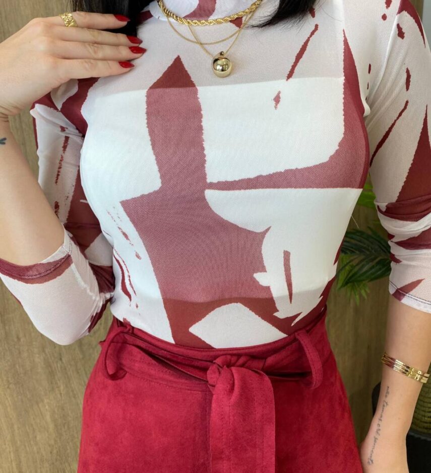 Body Feminino Helena de Tule com Transparência Estampado de Bordô - Fernanda Ramos Store