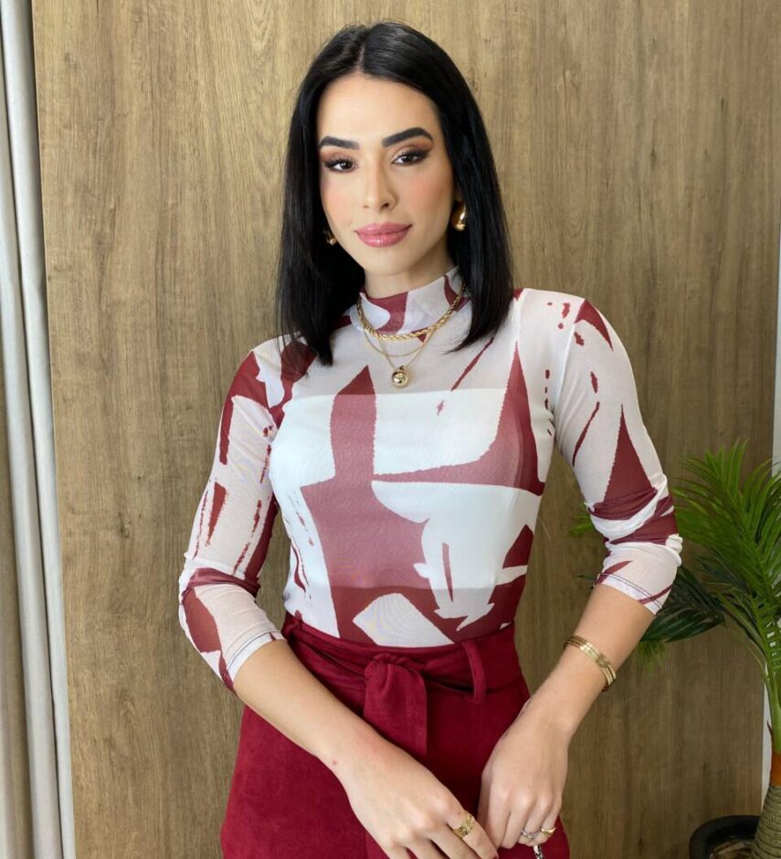 Body Feminino Helena de Tule com Transparência Estampado de Bordô - Fernanda Ramos Store