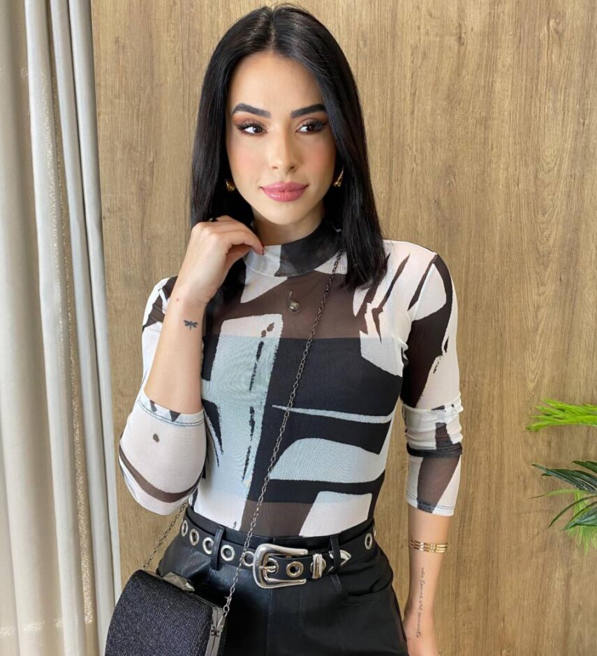 Body Feminino Helena de Tule com Transparência Estampado de Preto - Fernanda Ramos Store