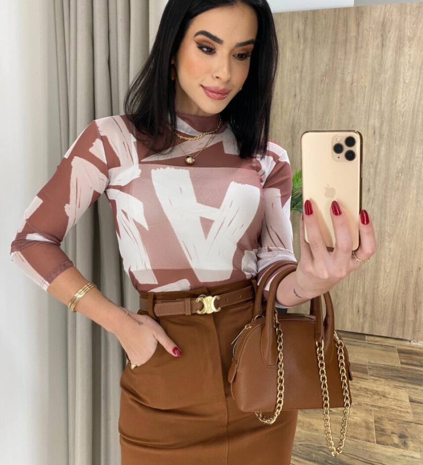 Body Feminino Helena de Tule com Transparência Estampado de Marrom - Fernanda Ramos Store