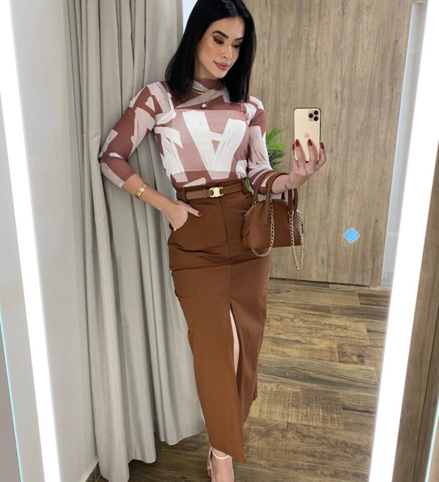 Body Feminino Helena de Tule com Transparência Estampado de Marrom - Fernanda Ramos Store