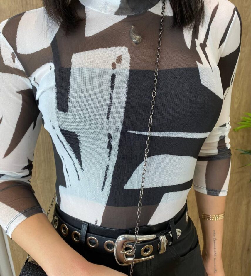 Body Feminino Helena de Tule com Transparência Estampado de Preto - Fernanda Ramos Store