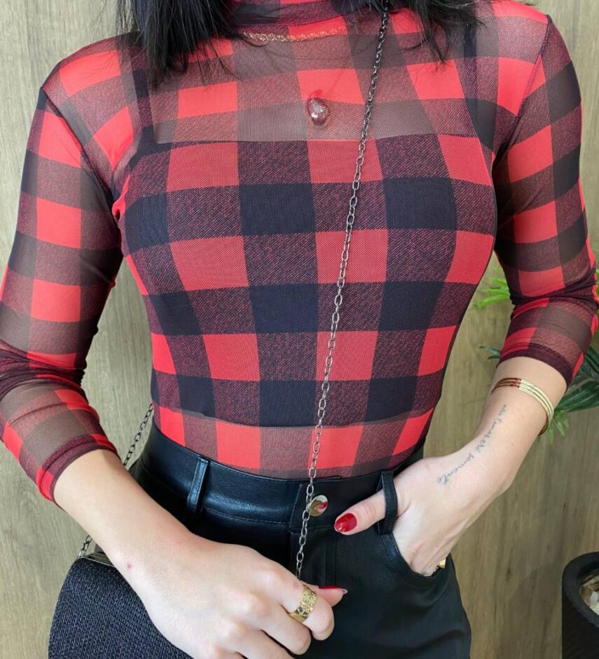 Body Feminino Lívia de Tule com Transparência Xadrez Vermelho - Fernanda Ramos Store