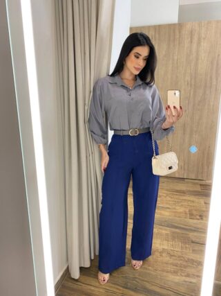 Calça Feminina Alfaiataria Pantalona Ana com Cinto Azul - Fernanda Ramos Store