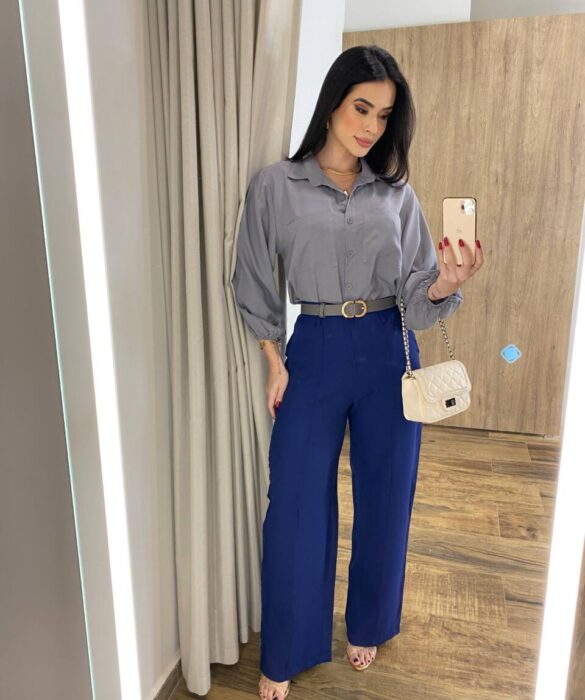 Calça Feminina Alfaiataria Pantalona Ana com Cinto Azul - Fernanda Ramos Store