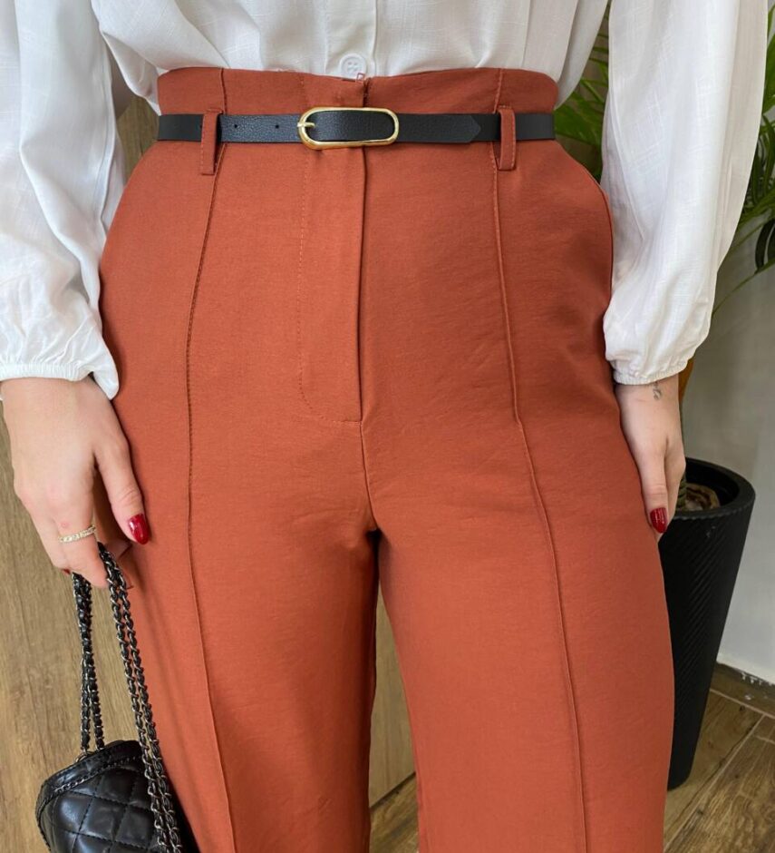 Calça Feminina Alfaiataria Pantalona Ana com Cinto Terracota - Fernanda Ramos Store