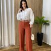 Calça Feminina Alfaiataria Pantalona Ana com Cinto Terracota - Fernanda Ramos Store