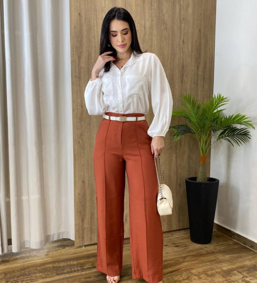 Calça Feminina Alfaiataria Pantalona Ana com Cinto Terracota - Fernanda Ramos Store