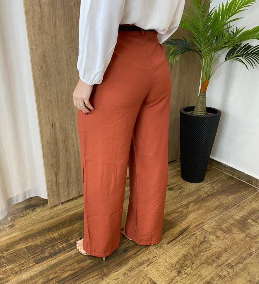 Calça Feminina Alfaiataria Pantalona Ana com Cinto Terracota - Fernanda Ramos Store